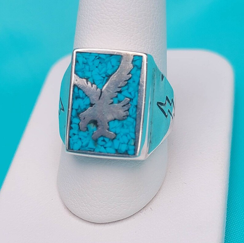 Turquoise Inlay Eagle Native American Turquoise Eagle Inlay Sterling Silver Ring, Carolyn ...