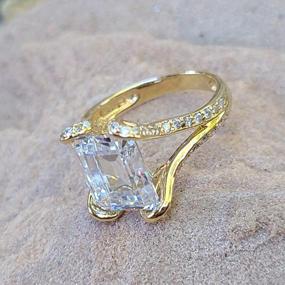 14k Yellow Gold Simulated CZ Emerald Cut Diamond … - image 5