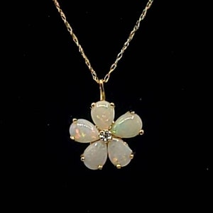 14k Yellow Gold Diamond Opal Flower Pendant Necklace, 14k Chain, 14k Opal Necklace, Opal Diamond Flower Pendant, Wedding Necklace