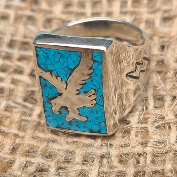 Intricate!! Vintage Zuni Native American Turquoise Eagle Sterling Silver Ring Intricate!! Vintage Zuni Native American Turquoise Eagle Sterling Silver Ring