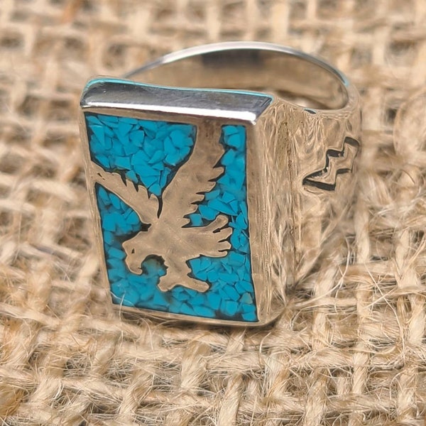 Native American Turquoise Eagle Inlay Sterling Silver Ring, Carolyn Pollack Relios, Vintage Jewelry, Native American, Silver Turquoise Ring