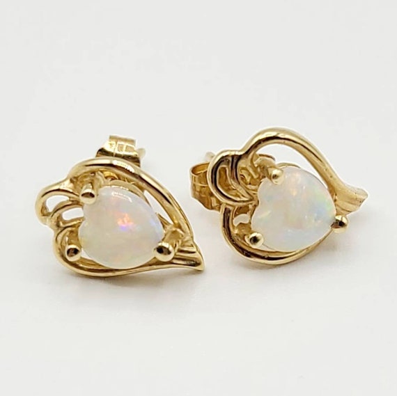 14k Yellow Gold Opal Heart Stud Earrings, Opal Pos
