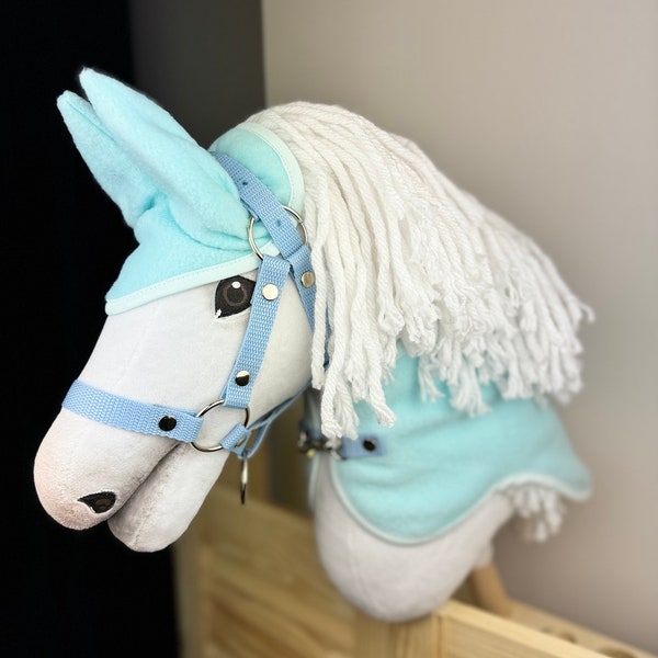 A3 / A4 Hobby Horse set. Light aqua with mint edging. Ear bonnet and blanket with optional halter or bridle. No hobby horse is included.