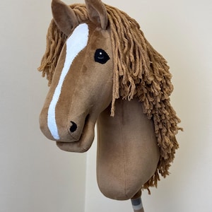 Op de afbeelding: Een bruin en wit pluche paardenhoofd op een stok. Het paard heeft een witte ster op zijn voorhoofd en zwarte ogen.