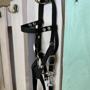Realistic fully adjustable bridle with reins and real bit for an A3 or an A4 hobby horse. Black.