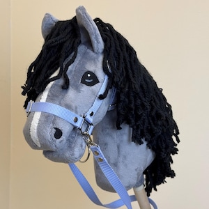 A4 or A3 hobby horse with detachable stick. Dark gray with white stripe.