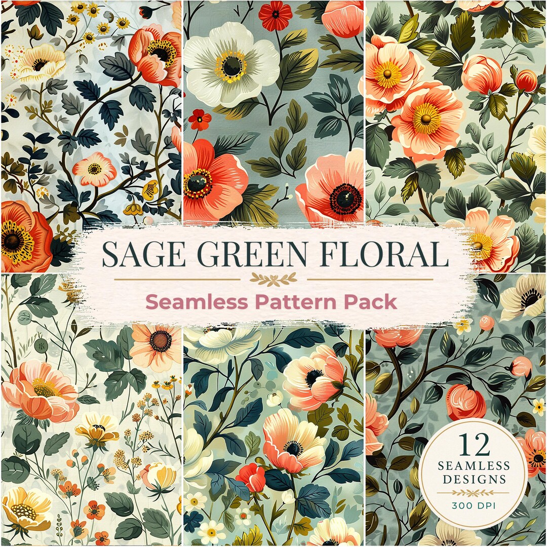 Sage Green Floral Seamless Pattern Pack, Vintage Botanical Flowers ...