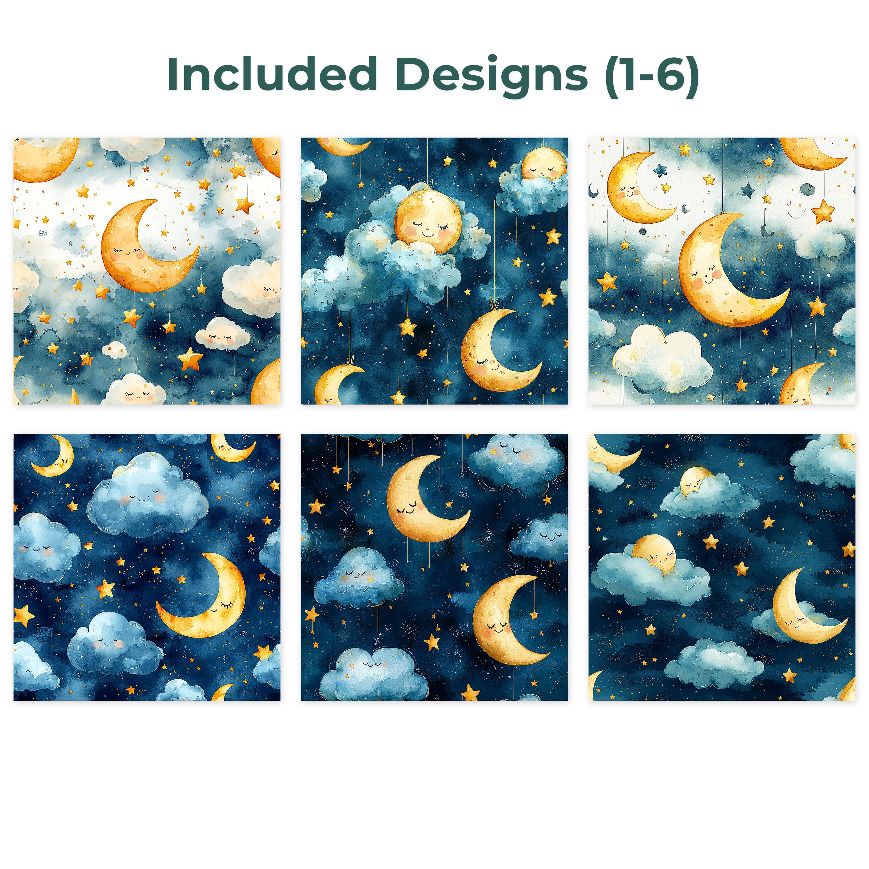Nursery Moon Stars Seamless Pattern Pack, Baby Night Sky Patterns, Cute ...