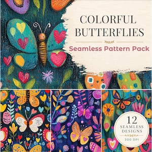 May include: A digital art pack featuring colourful butterfly designs. The image showcases a variety of seamless patterns with butterflies, flowers, and hearts. The text reads "COLORFUL BUTTERFLIES Seamless Pattern Pack" and "12 Seamless Designs 300 DPI".