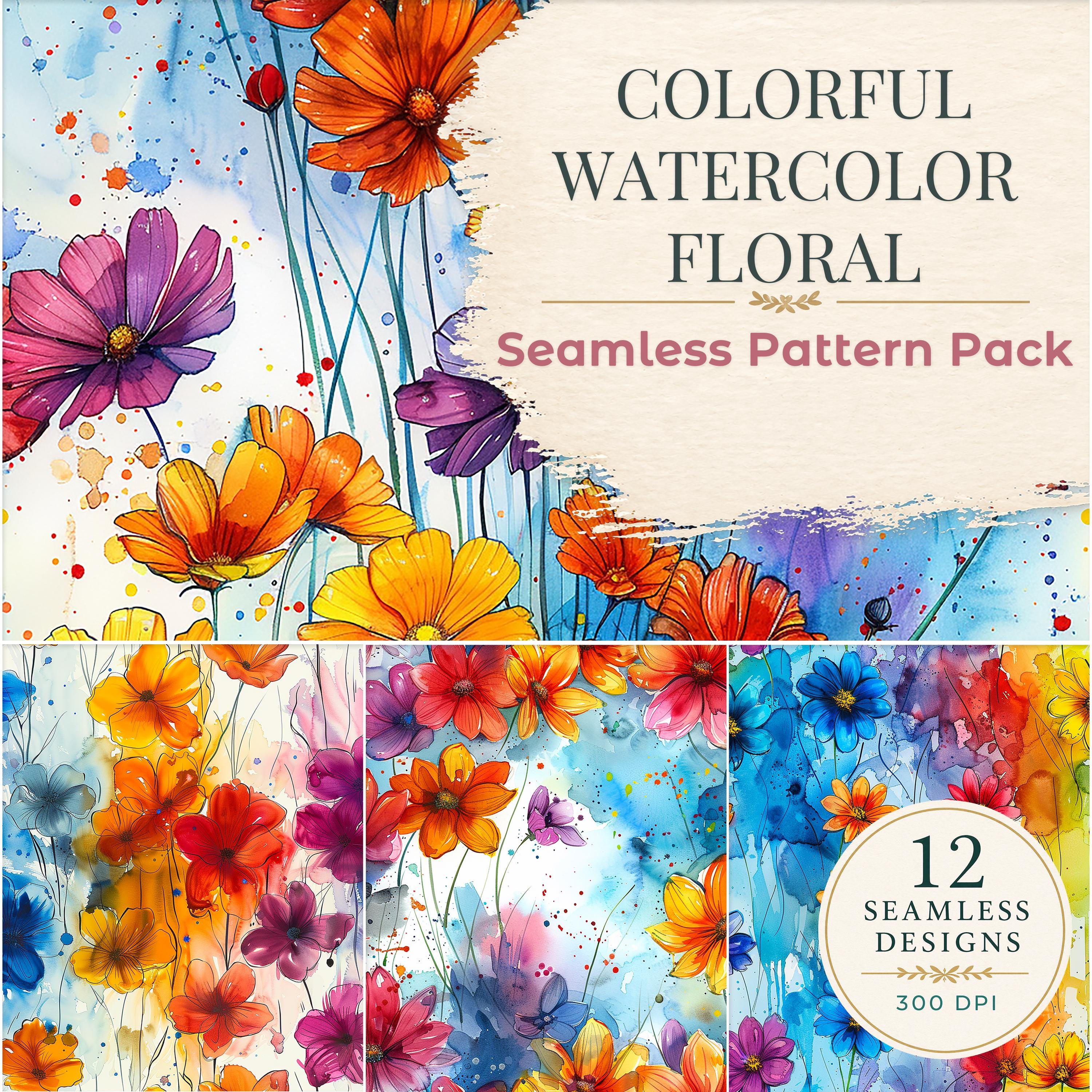 Colorful Watercolor Floral Seamless Pattern Pack, Bright Abstract ...