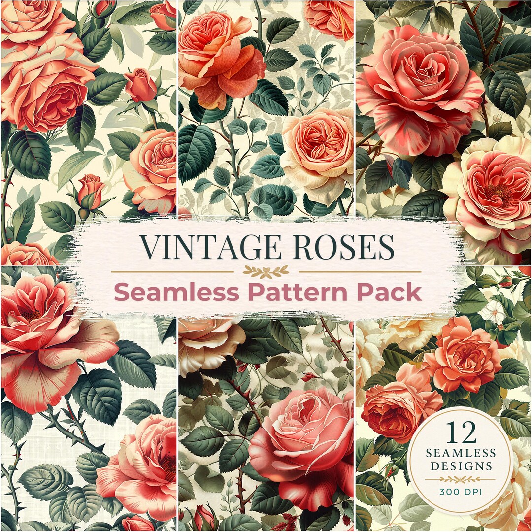 Vintage Rose Seamless Pattern Pack, Floral Digital Paper, Shabby Chic ...