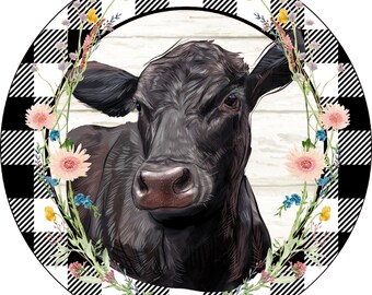 Black Angus Cow, Spring Flowers, Farm Animal Design, Year Round Sign,  Wreath Attachment, Wreath Center