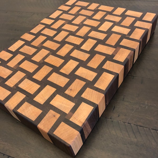 Extra Large 3D End Grain Cutting Board - Hard Maple and Walnut - Basket Weave Pattern