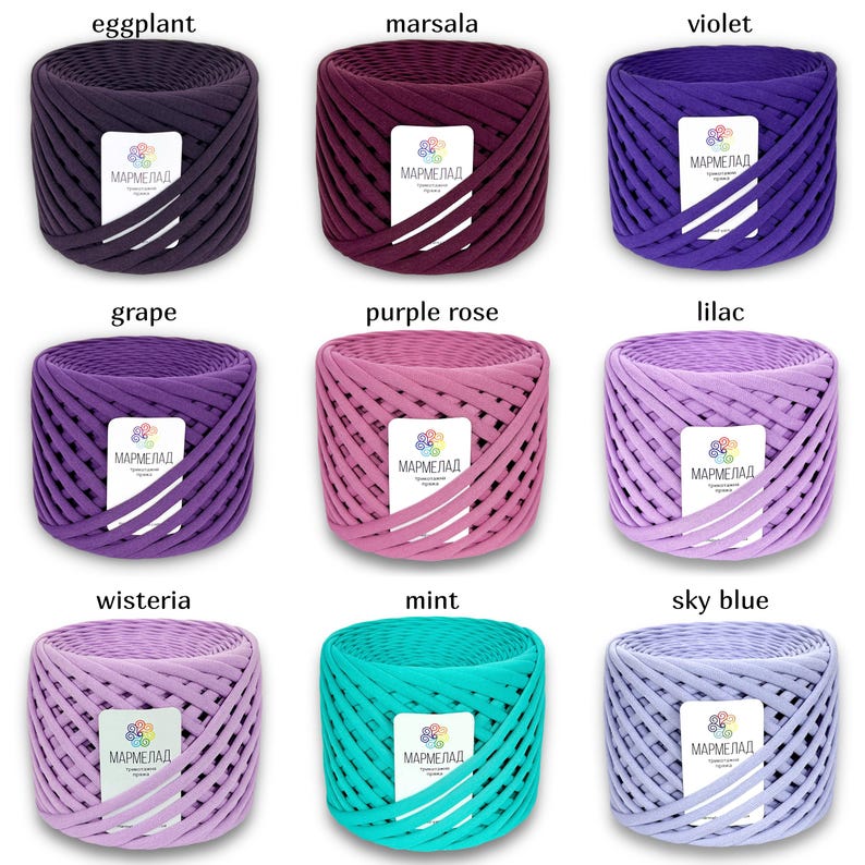 violet skeins of knitted yarn