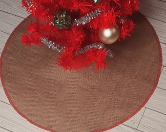 Burlap Christmas Holiday Tree Skirt - Au Natural in burlap/jute with red stitch