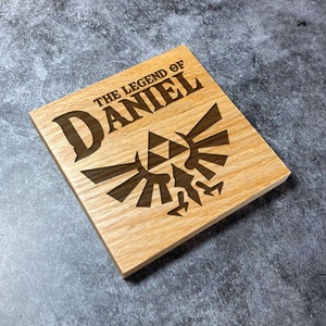 Custom Zelda Coaster - The Legend Of YOUR NAME - Deluxe Varnished Oak Wood - Personalised Laser Engraved Square Wood Coasters