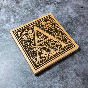 Custom Initial Coaster - Deluxe Varnished Solid Oak - Personalised Laser Engraved Name Square Wood Coasters