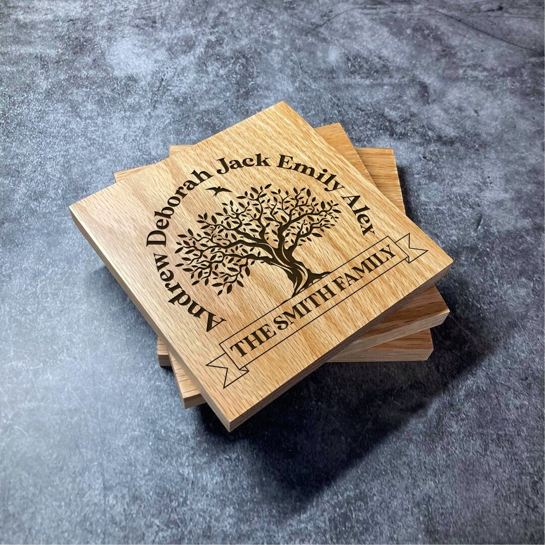 Custom Family Tree Coaster - Deluxe Varnished Oak - Personalised Laser ...