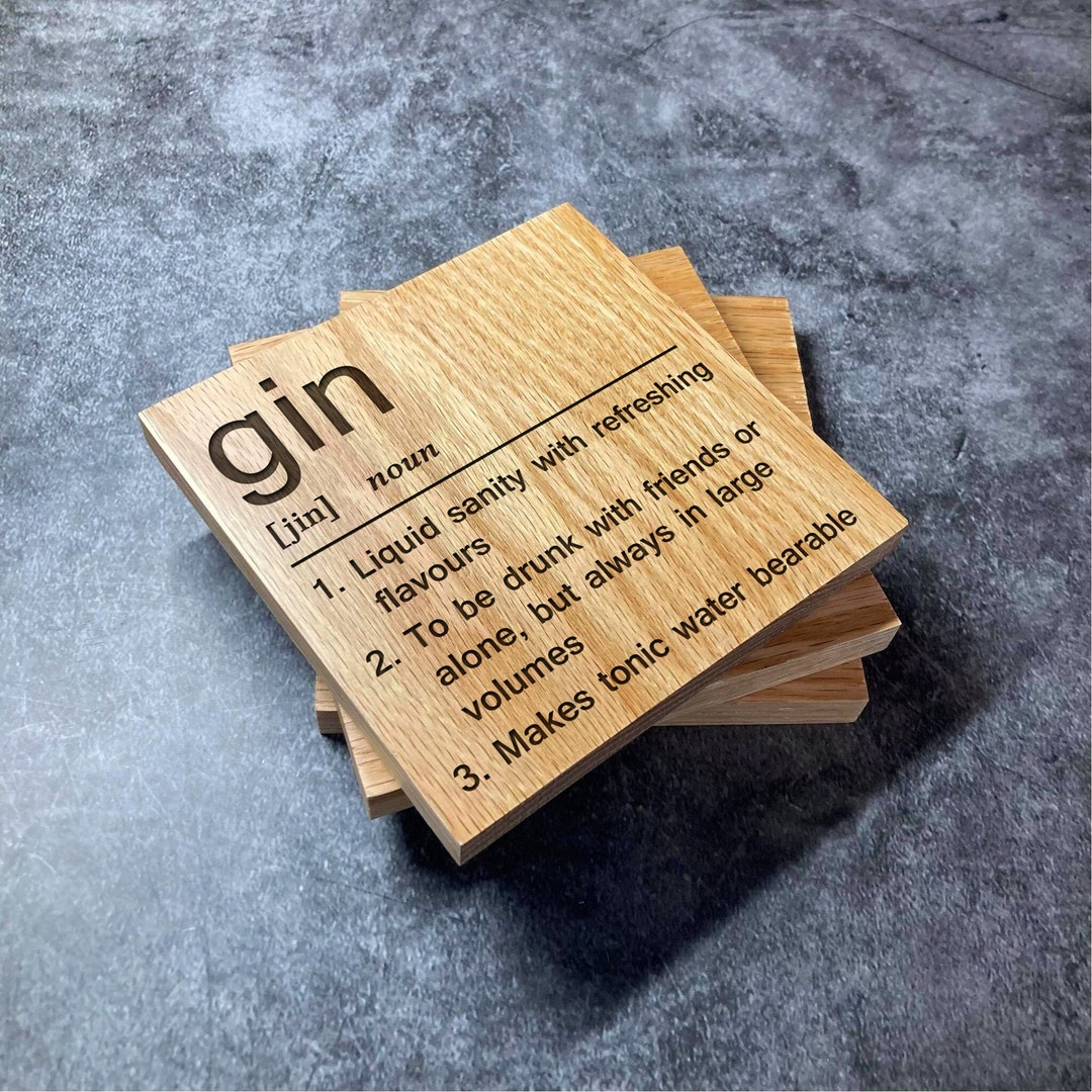 Gin Definition Coaster Deluxe Varnished Oak Wood Funny Dictionary Word Meaning Laser Engraved