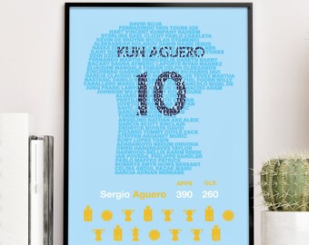 MANCHESTER CITY Legends - Sergio Aguero Typography Teammates Poster