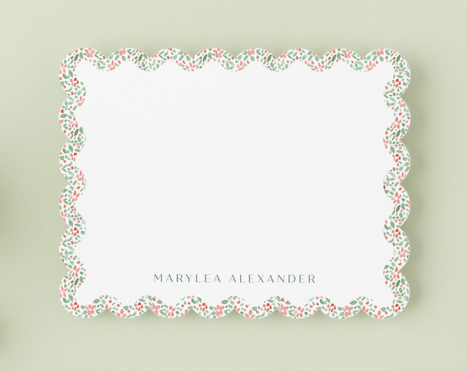 Personalized Scallop Notecards – Pink Ditsy Floral Stationery, Feminine & Elegant Thank You Notes