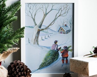 Norman Rockwell-Inspired Holiday Print, Christmas Tree Printable Wall Art, Holiday Decor, Watercolor Christmas Tree, Digital Print