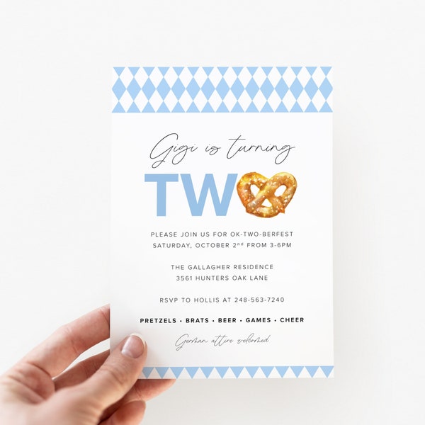 OKTWOBERFEST 2nd Birthday Invitation Template, Printable Oktoberfest Baby Birthday Invite, Biergarten Invite with Pretzel | GIGI