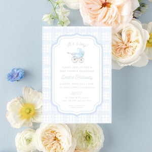 Grandmillennial Baby Shower Invitation for Baby Boy with Blue Watercolor Baby Carriage