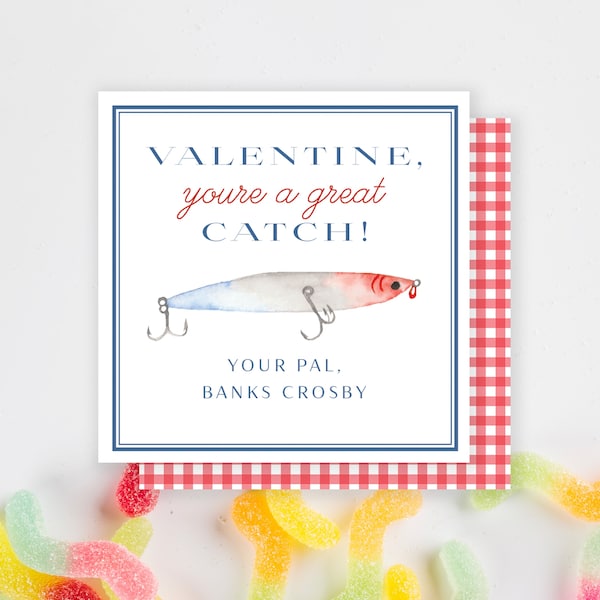 Fisherman Kids Valentine, Kids Classroom Valentine, Valentine's Day Card for Little Boy, "You're a Great Catch" Fishing Valentine