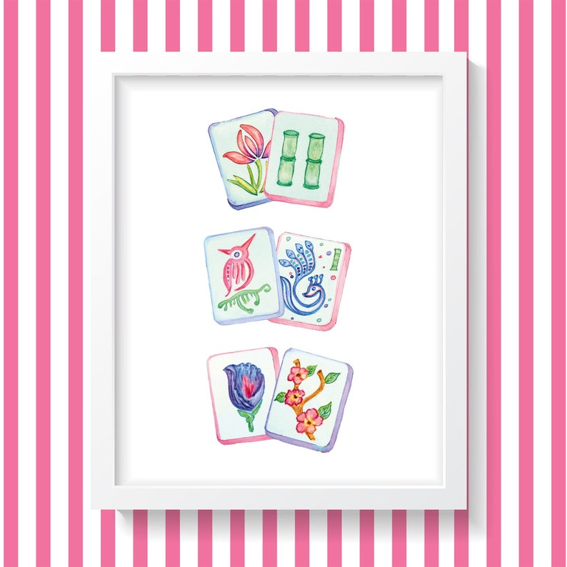 May include: A white frame with a white background and four watercolor illustrations of Chinese dominoes. The dominoes are decorated with images of flowers, bamboo, a bird, and a peacock.