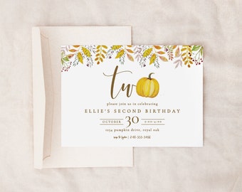 FALL Pumpkin Party Invitation for 2nd Birthday Party, Printable Autumn Theme Birthday Invitation for Little Pumpkin Party | ELLIE
