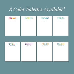 May include: Eight different colour palettes displayed on white cards with a postcode and city name on each card. The cards are arranged in two rows of four cards.