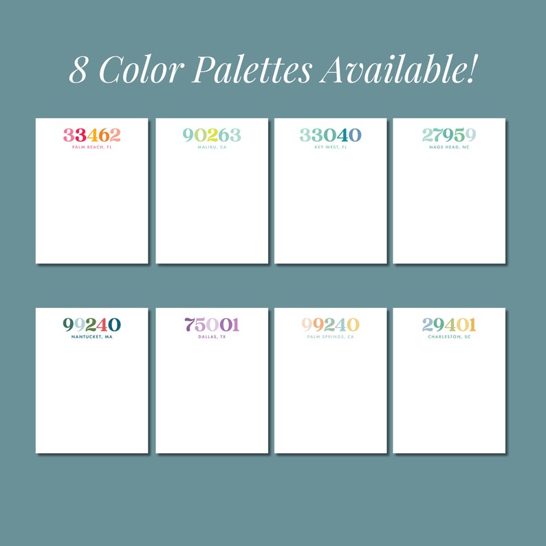 May include: Eight different colour palettes displayed on white cards with a postcode and city name on each card. The cards are arranged in two rows of four cards.