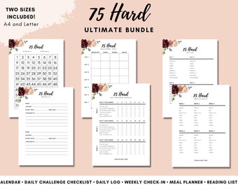 75 Hard Challenge Tracker Bundle, 75 Hard Checklist, Fitness and Meal Planner, Printable Digital Download