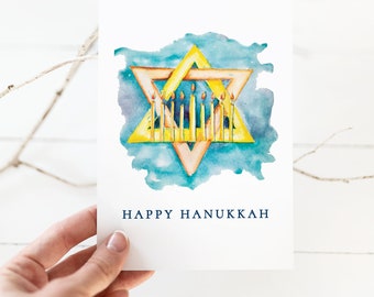 Hannukah Card Template with Star of David, Happy Hanukkah Card Template with Watercolor Star of David, Holiday Greeting Card