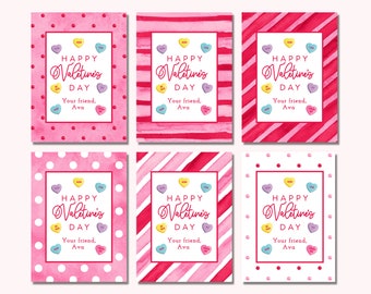 Printable Candy Hearts Kids Valentine Tags, Kids Valentines Day Gift Tag Set, Valentines Day Cards for Kids, Girl Valentine