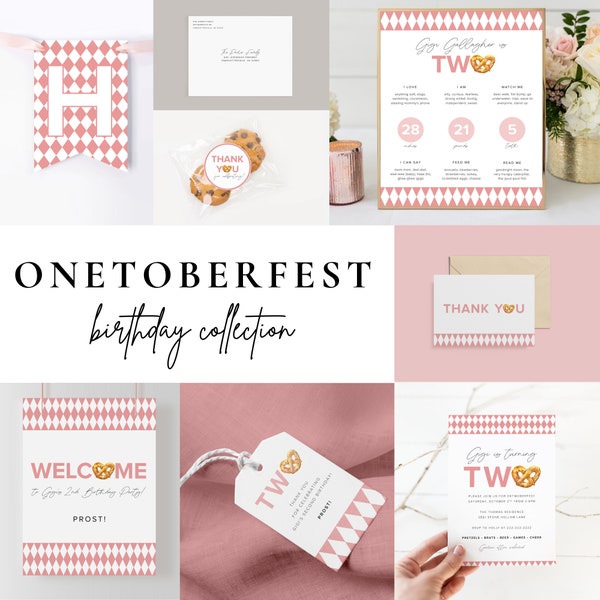 OKTOBERFEST First Birthday BUNDLE, Printable Onetoberfest Birthday Bundle, Onetoberfest Invitation Bundle, Pink | GIGI