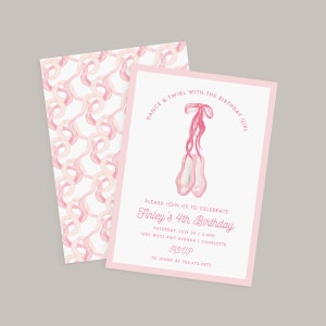 Printed Ballerina Birthday Party Invitation, Dancer Birthday Party Invite with Ballet Shoes, Customized Kids Birthday Party Invitation