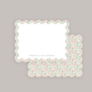 Wavy Scallop & Pink Floral Chinoiserie Notecard, Luxury Stationery Set for Letter Writing, Printed Notecard Set