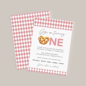 Printed OKTOBERFEST 1st & 2nd Birthday Invitation, Done-for-you ONEtoberfest OkTWOberfest Birthday Invitation, Biergarten Theme Party | PINK