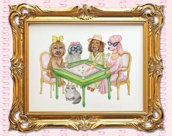 Pets Playing Mahjong Art Print: Dog Lover Mahjong Room Decor