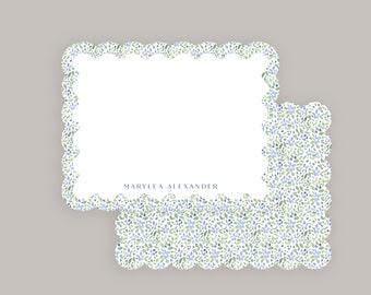 Wavy Scallop & Blue Floral Chinoiserie Notecard, Luxury Stationery Set for Letter Writing, Printed Notecard Set