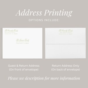 May include: Two white envelopes with different address printing options. The left envelope shows a guest and return address printed on the front. The right envelope shows a return address only printed on the back. The text on the envelopes reads "The Connelly Family, 210 Ashley Avenue, Charleston, SC 29401" and "The Sesman Family, 402 Rutledge Avenue, Charleston, SC 29401".