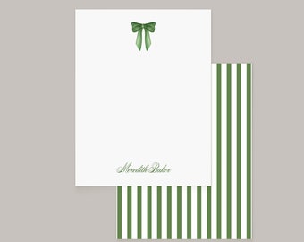 Green Bow & Preppy Pinstripe Stationery Set, Personalized Notecard, Luxury Stationery Sets for Letter Writing, Printed Notecard Set