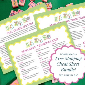 May include: A green and yellow illustrated guide to Mahjong terminology with the title "Mahjong Terminology" and the words "Charleston", "Quint", "Chow", "Pair", "Flower Tiles", "Dragon Tiles", "Winds" and "Download a Free Mahjong Cheat Sheet Bundle! See Link in Bio".