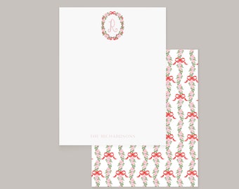 Red Bow & Holly Stationery, Personalized Christmas Stationery, Holiday Stationery, Personalized Notecard | Preppy Grandmillennial Design