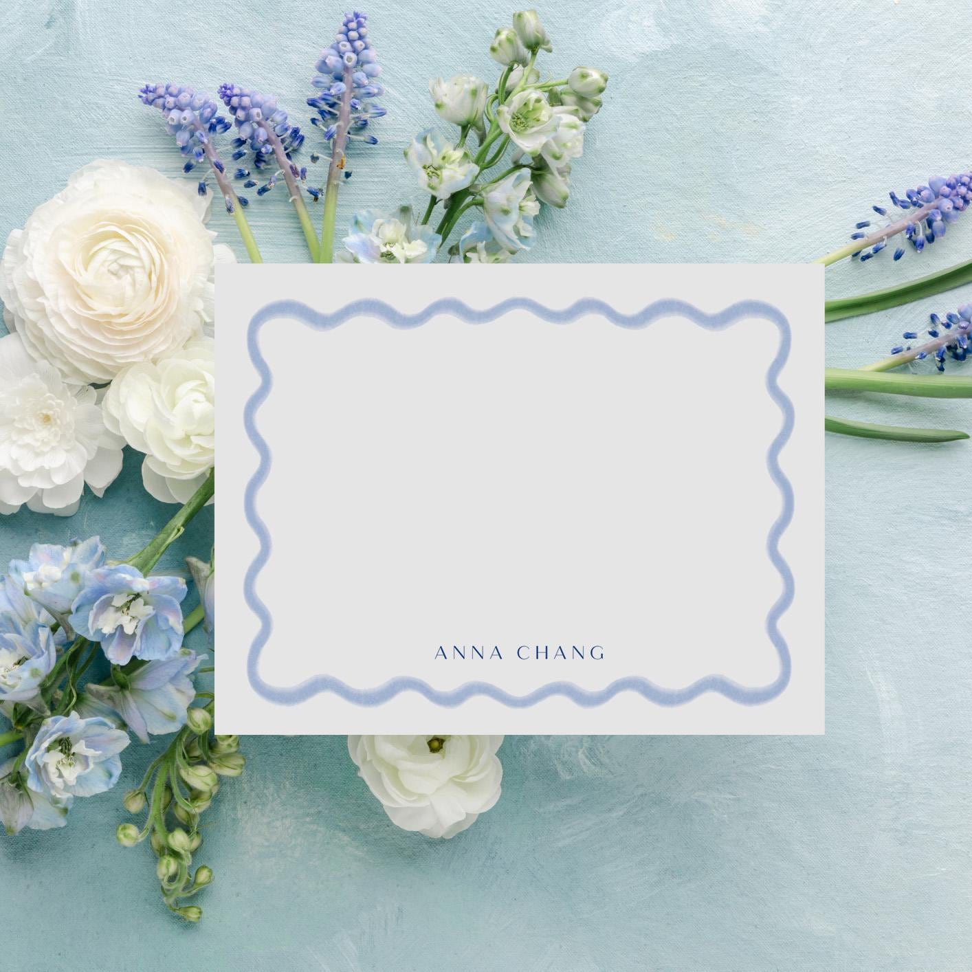 Personalized Wavy Scallop Notecards – Chinoiserie Back, Grandmillennial Style, Elegant Blue & White Stationery