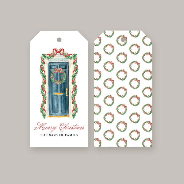Christmas Gift Tag with Decorated Door & Wreath | Personalized Gift Tag for Christmas Presents | Custom Gift Tag | Grandmillennial Greetings
