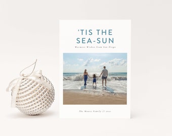 Tis the Sea Sun Christmas Card Template, Christmas Photo Card, Christmas with Beach Photo, Printable Christmas Card, Beachy Holiday Card