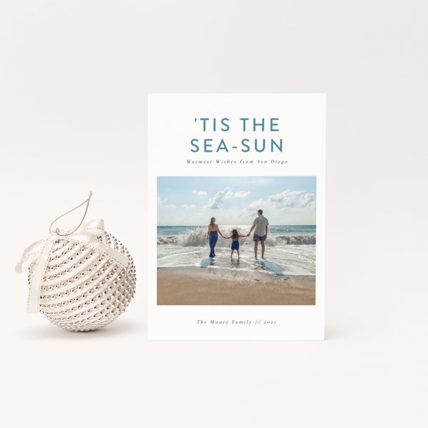 Tis the Sea Sun Christmas Card Template, Christmas Photo Card, Christmas with Beach Photo, Printable Christmas Card, Beachy Holiday Card